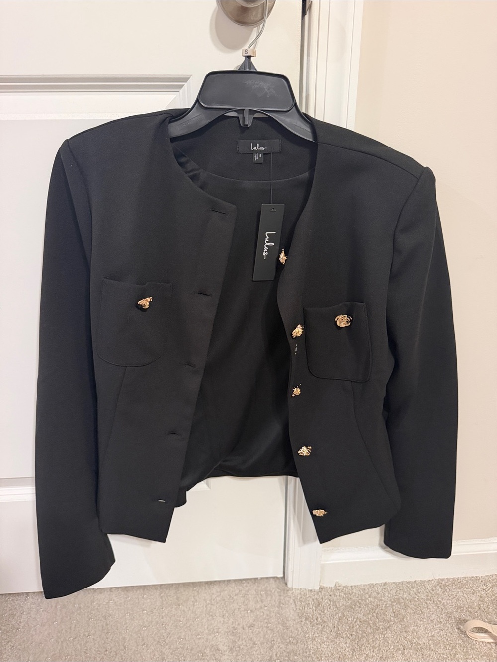 Lulu's Black Collarless Cropped Blazer with Gold Buttons